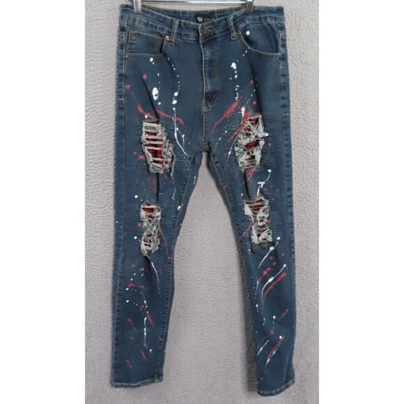 Waimea Jeans Mens 36x32 Denim Grunge Painted Patches Ripped Skinny Streetwear - Picture 1 of 16